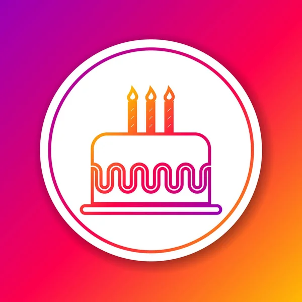 Цветной торт с горящими свечами линии значок изолирован на цветном фоне. С днем рождения. Круглая белая кнопка. Векторная миграция — стоковый вектор