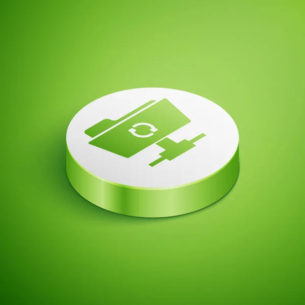 Izometryczna ikona odświeżania synchronizacji FTP izolowana na zielonym tle. Koncepcja aktualizacji oprogramowania, protokół transferu, router, zarządzanie narzędziami pracy zespołowej, proces kopiowania. Przycisk biały okrąg. Ilustracja wektorowa — Wektor stockowy