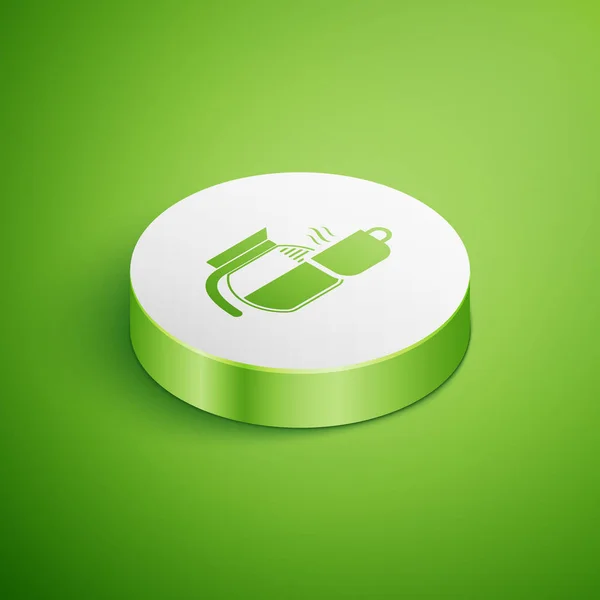 Yeşil arka plan üzerinde izole fincan simgesi ile İzometrik Kahve demliği. Beyaz daire düğmesi. Vektör İllüstrasyonu — Stok Vektör