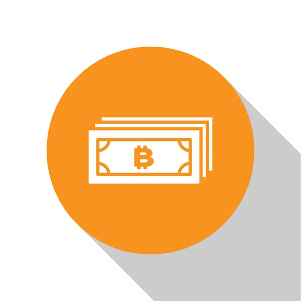 Concepto de criptomoneda blanca bitcoin en círculo con icono de circuito de microchip sobre fondo blanco. Tecnología blockchain, mercado de dinero digital. Botón círculo naranja. Diseño plano. Ilustración vectorial — Vector de stock