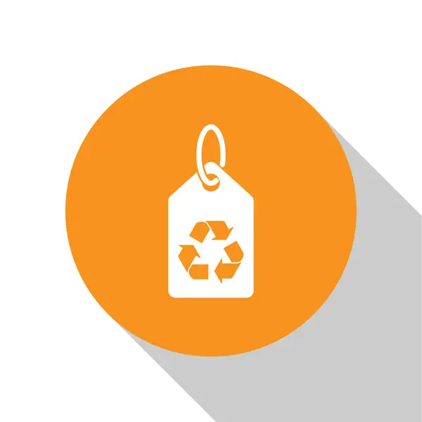 Weißer Tag mit recyceltem Symbol auf weißem Hintergrund. Banner, Etikett, Etikett, Logo, Aufkleber für Ökogrün. orange Kreis-Taste. Vektorillustration — Stockvektor