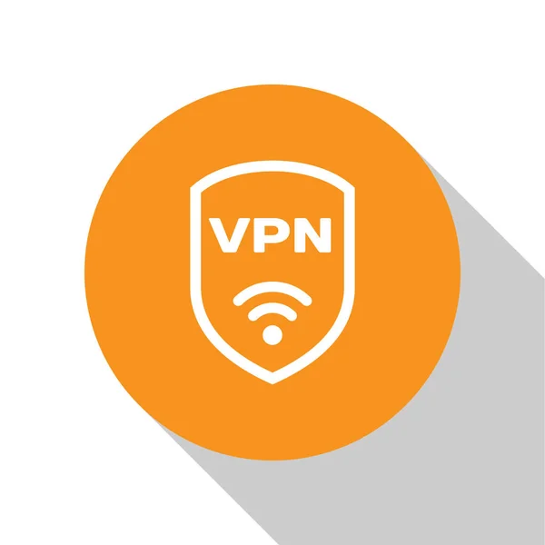白い背景に隔離されたVpnと無線LAN無線インターネットネットワークシンボルアイコンを持つホワイトシールド。VPNは安全コンセプトを保護します。オレンジ色の円ボタン。ベクトルイラストレーション — ストックベクタ
