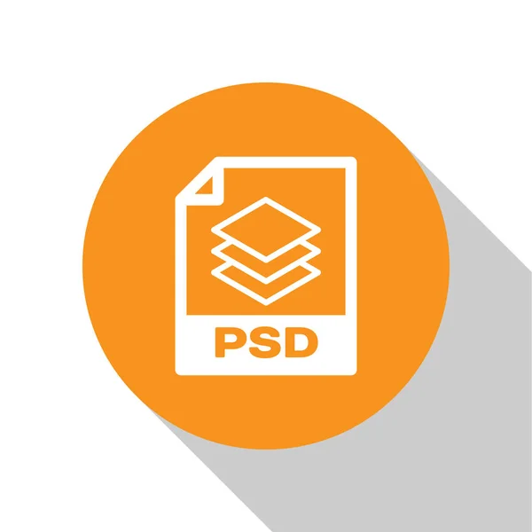 Wit PSD-bestand documentpictogram. Download PSD knoppictogram geïsoleerd op witte achtergrond. PSD-bestand symbool. Oranje cirkel knop. Vector illustratie — Stockvector