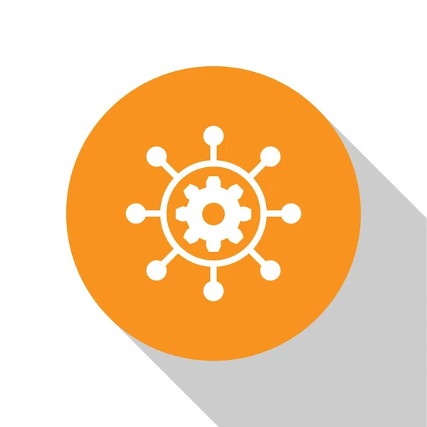 White Project management icon isolated on white background. Hub and spokes and gear solid icon. Orange circle button. Flat design. Vector Illustration — Stock Vector