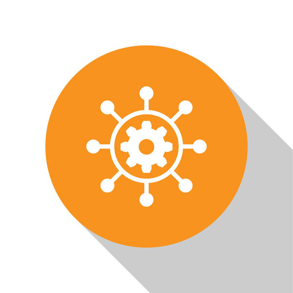 White Project management icon isolated on white background. Hub and spokes and gear solid icon. Orange circle button. Flat design. Vector Illustration