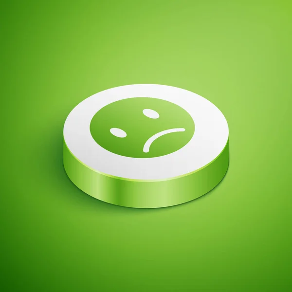 Icono de sonrisa triste isométrico aislado sobre fondo verde. Cara de emoticono. Botón círculo blanco. Ilustración vectorial — Archivo Imágenes Vectoriales