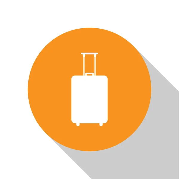 White Travel suitcase icon isolated on white background. Traveling baggage sign. Travel luggage icon. Orange circle button. Flat design. Vector Illustration — Stock Vector