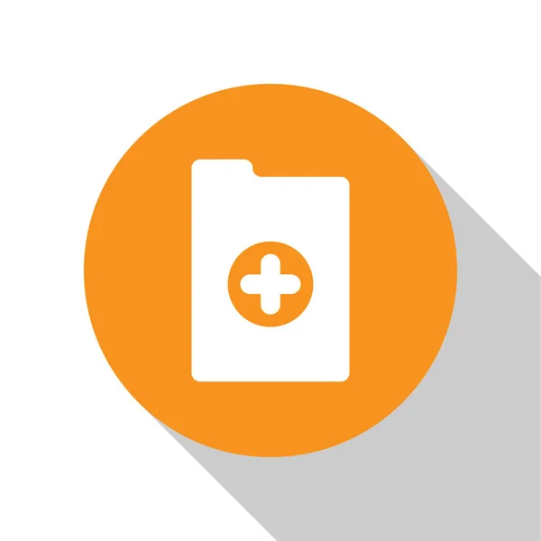 White Medical clipboard with clinical record icon isolated on white background. Health insurance form. Prescription, medical check marks report. Orange circle button. Flat design. Vector Illustration — Stock Vector