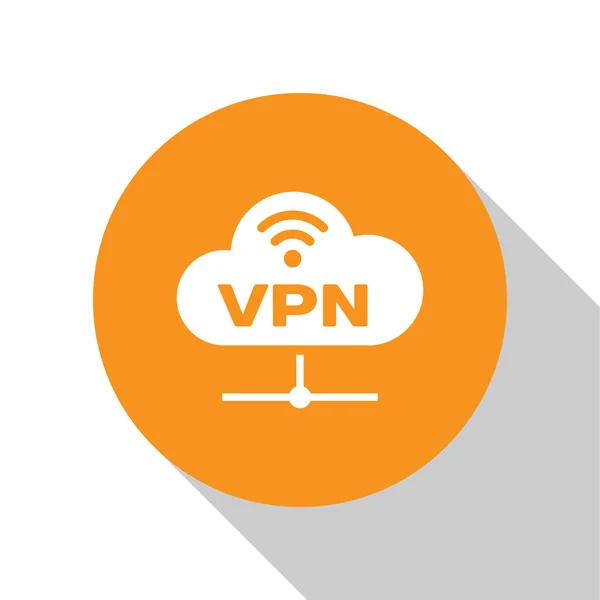 Ícone de conexão de nuvem de rede VPN branca isolado em fundo branco. Tecnologia social. Conceito de computação em nuvem. Botão laranja círculo. Ilustração vetorial — Vetor de Stock