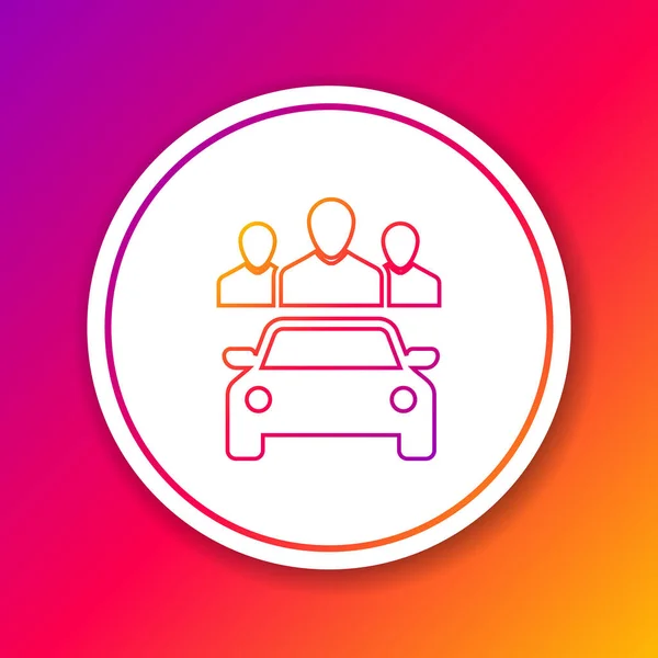 Színes autó megosztása a csoport emberek vonal ikon izolált színes háttérrel. Carsharing jel. Szállítási szolgáltatás koncepcióját. Fehér gomb bekarikázása. Vektoros illusztráció — Stock Vector
