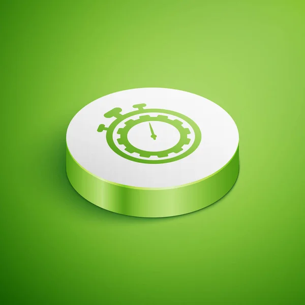 Icono de gestión del tiempo isométrico aislado sobre fondo verde. Señal de reloj y engranaje. Símbolo de productividad. Botón círculo blanco. Ilustración vectorial — Vector de stock