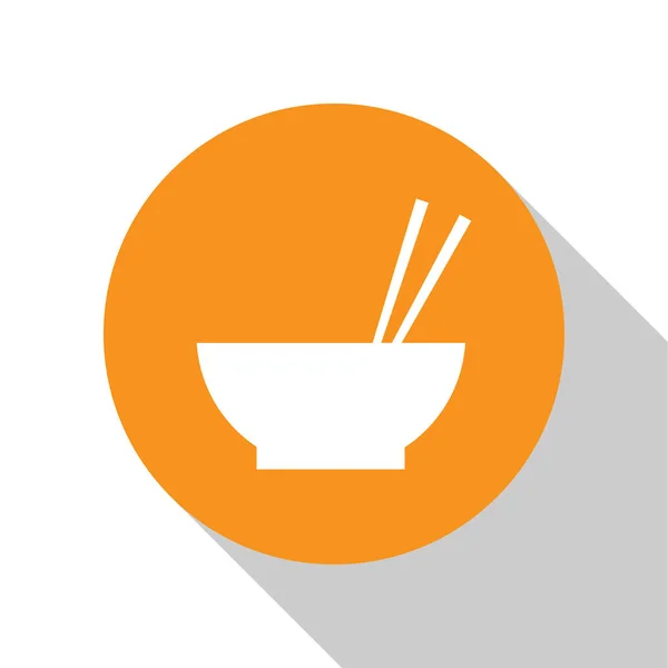 Белая чаша с азиатской едой и палочками силуэт иконка изолированы на белом фоне. Концепция приготовления, восточная диета. Оранжевый круг. Плоский дизайн. Векторная миграция — стоковый вектор