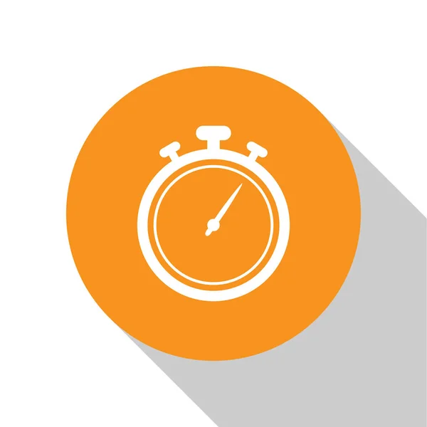 Witte stopwatch icoon geïsoleerd op witte achtergrond. Tijd timer teken. Chronometer-teken. Oranje cirkel knop. Vector illustratie — Stockvector