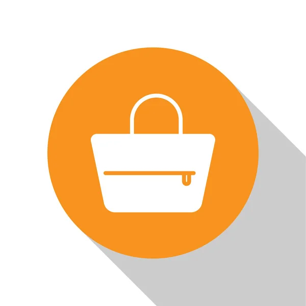 White Handbag icon isolated on white background. Female handbag sign. Glamour casual baggage symbol. Orange circle button. Flat design. Vector Illustration — Stock Vector
