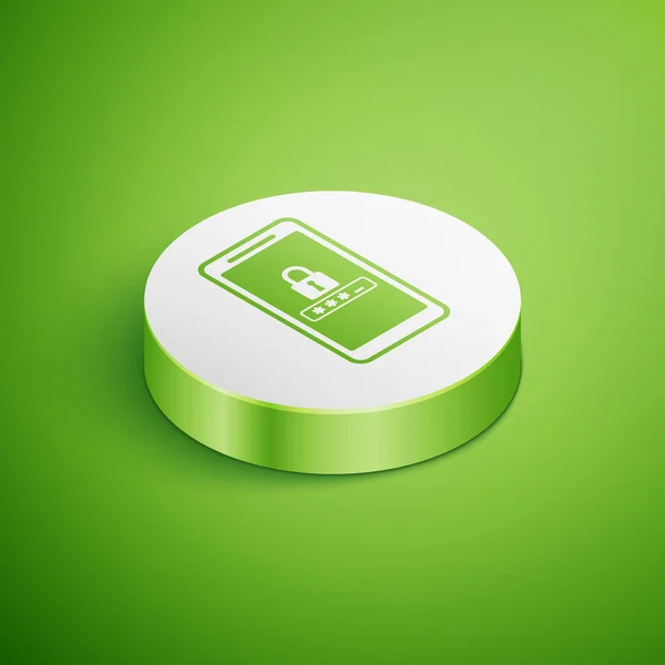 Izometryczny telefon komórkowy i ikona ochrony hasłem, izolowane na zielonym tle. Bezpieczeństwo, bezpieczeństwo, osobisty dostęp, Autoryzacja użytkownika, prywatność. Przycisk biały okrąg. Ilustracja wektorowa — Wektor stockowy