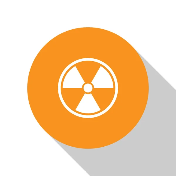 White Radioactive icon isolated on white background. Radioactive toxic symbol. Radiation Hazard sign. Orange circle button. Flat design. Vector Illustration — Stock Vector