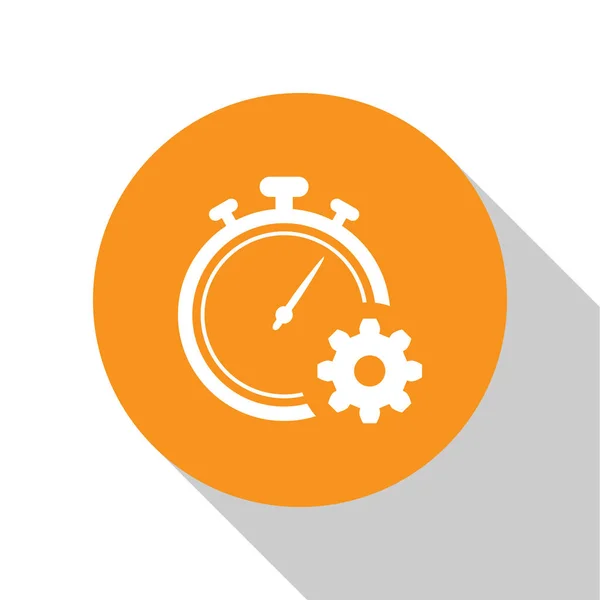 Λευκό εικονίδιο διαχείρισης ώρας απομονώνεται σε λευκό φόντο. Ρολόι και σήμα ταχυτήτων. Σύμβολο παραγωγικότητας. Πορτοκαλί κουμπί κύκλου. Απεικόνιση διανυσματικών φορέων — Διανυσματικό Αρχείο