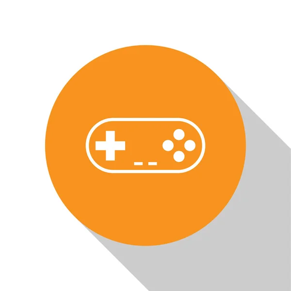 Ícone Gamepad branco isolado no fundo branco. Controlador de jogo. Botão laranja círculo. Design plano. Ilustração vetorial — Vetor de Stock