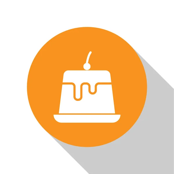 Puddingpudding mit Karamellglasur auf weißem Hintergrund. orange Kreis-Taste. flache Bauweise. Vektorillustration — Stockvektor