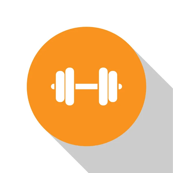 Icono de Dumbbell blanco aislado sobre fondo blanco. Icono de levantamiento muscular, barra de fitness, icono de gimnasio, símbolo de equipo deportivo, bumbbell ejercicio. Botón círculo naranja. Diseño plano. Ilustración vectorial — Vector de stock