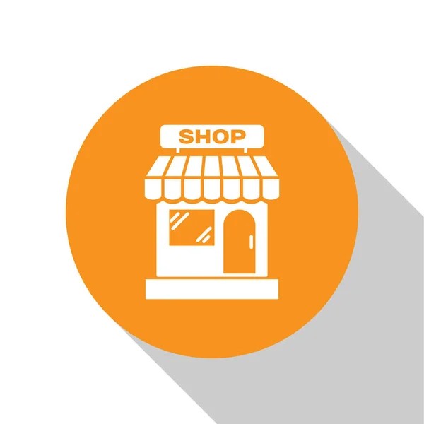 Witte Shopping gebouw of winkel pictogram geïsoleerd op witte achtergrond. Winkel bouw. Oranje cirkel knop. Vector Illustratie — Stockvector