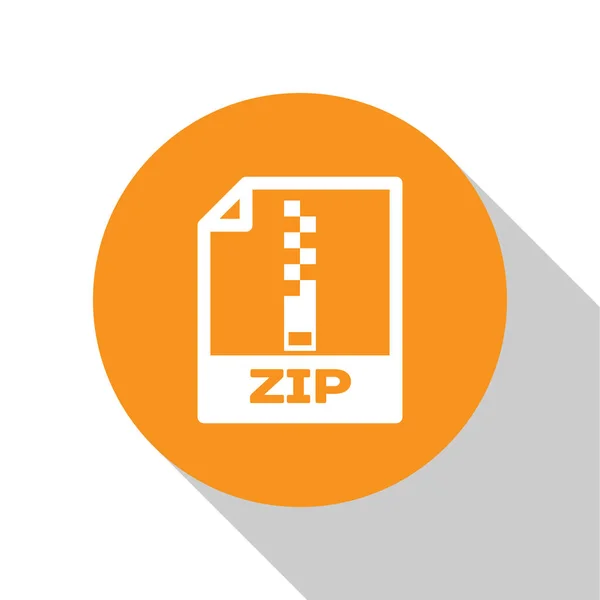 Weiße Zip-Datei Dokument-Symbol. herunterladen Zip-Taste Symbol isoliert auf weißem Hintergrund. Zip-Dateisymbol. orange Kreis-Taste. Vektorillustration — Stockvektor