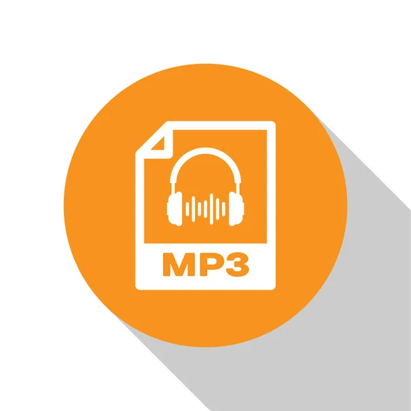 Vit ikon för MP3-fildokument. Ladda ner MP3-knappen ikon isolerad på vit bakgrund. MP3 musik format tecken. MP3-filsymbol. Orange cirkel knapp. Vektor illustration — Stock vektor