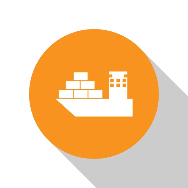 Vit lastfartyg ikon isolerad på vit bakgrund. Orange cirkel knapp. Platt design. Vektor illustration — Stock vektor