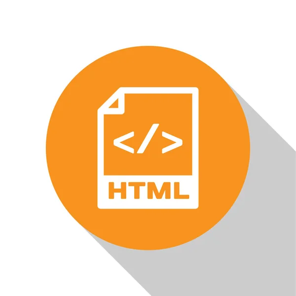 Ícone de documento de arquivo HTML branco. Baixar ícone de botão html isolado no fundo branco. Símbolo de arquivo HTML. Símbolo de linguagem de marcação. Botão laranja círculo. Ilustração vetorial — Vetor de Stock