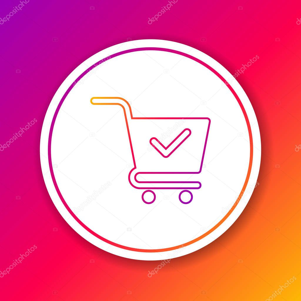 Color Shopping cart with check mark line icon isolated on color background. Supermarket basket with approved, confirm, done, tick, completed symbol. Circle white button. Vector Illustration