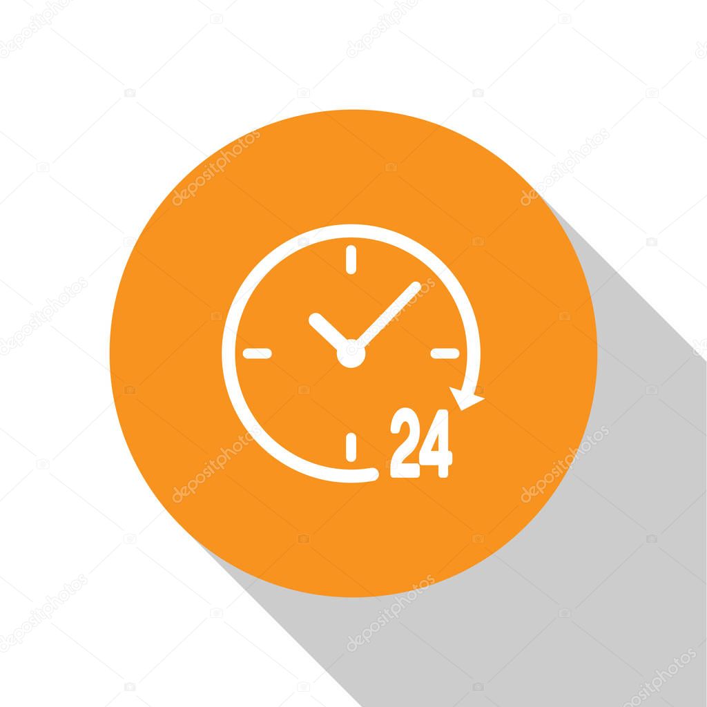 White Clock 24 hours icon isolated on white background. All day cyclic icon. 24 hours service symbol. Orange circle button. Flat design. Vector Illustration