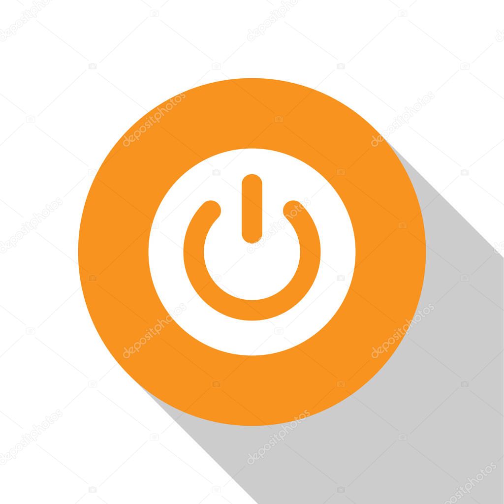 White Power button icon isolated on white background. Start sign. Flat design. Orange circle button. Vector Illustration
