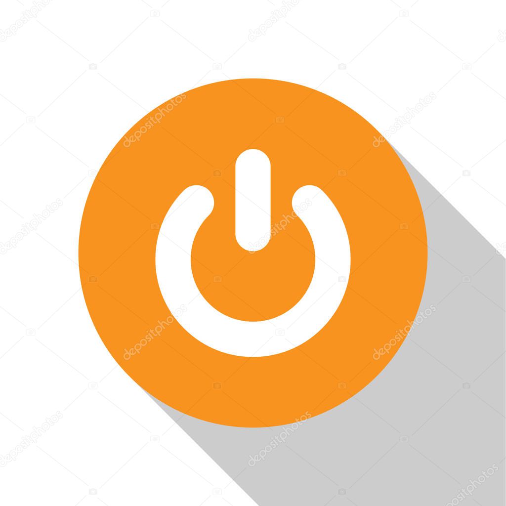 White Power button icon isolated on white background. Start sign. Flat design. Orange circle button. Vector Illustration