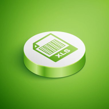 Isometric Xls dosya belge simgesi. Yeşil arka planda yalıtılmış xls düğme simgesini indirin. Excel dosya simgesi. Beyaz daire düğmesi. Vektör İllüstrasyonu