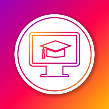 Renk arka planda izole mezuniyet üst çizgi simgesi ile Renkli Bilgisayar monitör. Online öğrenme veya e-öğrenme kavramı. İnternet bilgi sembolü. Daire beyaz düğme. Vektör İllüstrasyonu