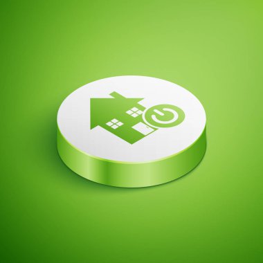 Yeşil arka planda yalıtılmış İzometrik Akıllı ev simgesi. Uzaktan kumanda. Beyaz daire düğmesi. Vektör İllüstrasyonu