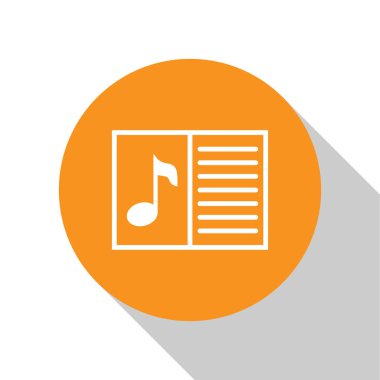Beyaz arka planda izole edilmiş not simgesi olan Beyaz Müzik kitabı. Nota stave ile müzik sayfası. Not defteri, notalar için. Turuncu daire düğmesi. Düz tasarım. Vektör İllüstrasyonu