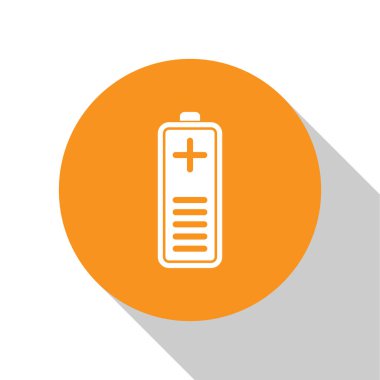 Beyaz Pil şarj seviyesi gösterge simgesi beyaz arka planda yalıtılmış. Turuncu daire düğmesi. Vektör İllüstrasyonu