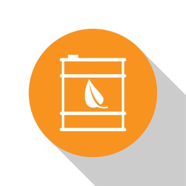 Beyaz Bio yakıt varil hattı simgesi beyaz arka plan üzerinde izole. Eko biyo ve kutu. Yeşil çevre ve geri dönüşüm. Turuncu daire düğmesi. Vektör İllüstrasyonu