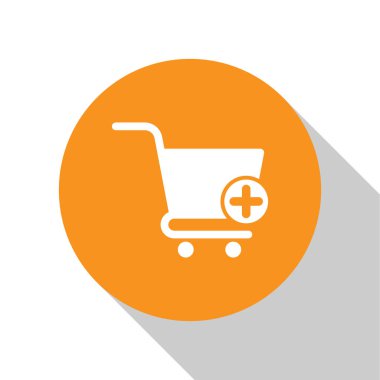 Beyaz arkaplanda izole edilmiş alışveriş arabası simgesine beyaz ekleme. İnternetten satın alma konsepti. Servis tabelası. Süpermarket sepeti sembolü. Turuncu daire düğmesi. Vektör İllüstrasyonu