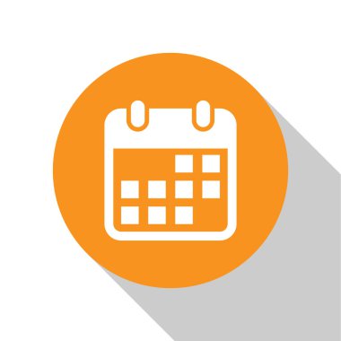 Beyaz Takvim simgesi beyaz arka planda yalıtılmış. Turuncu daire düğmesi. Düz tasarım. Vektör İllüstrasyonu