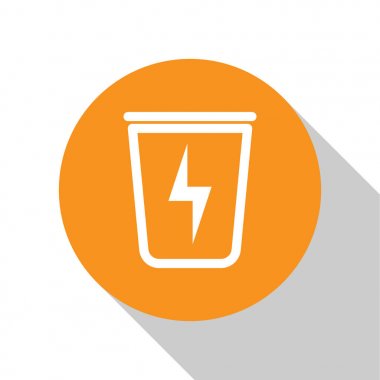 Çöp kutusu olan Beyaz Şimşek, beyaz arka planda yalıtılmış simge olabilir. Enerjiye harcar. Çöp kutusu tabelası. Sepet işaretini geri dönüştürün. Turuncu daire düğmesi. Vektör İllüstrasyonu
