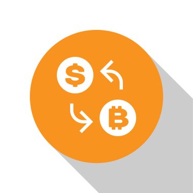 Beyaz şifreleme döviz simgesi beyaz arka planda yalıtılmış. Bitcoin'den dolar bozdurma simgesine. Kripto para teknolojisi, mobil bankacılık. Turuncu daire düğmesi. Düz tasarım. Vektör İllüstrasyonu