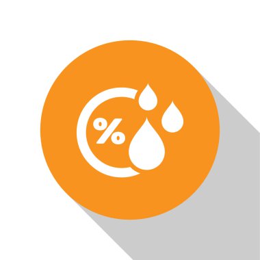 Beyaz arka planda yalıtılmış Beyaz Nem simgesi. Hava ve meteoroloji, termometre sembolü. Turuncu daire düğmesi. Vektör İllüstrasyonu