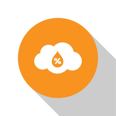 Beyaz arka planda yalıtılmış Beyaz Nem simgesi. Hava ve meteoroloji, bulut, termometre sembolü. Turuncu daire düğmesi. Vektör İllüstrasyonu