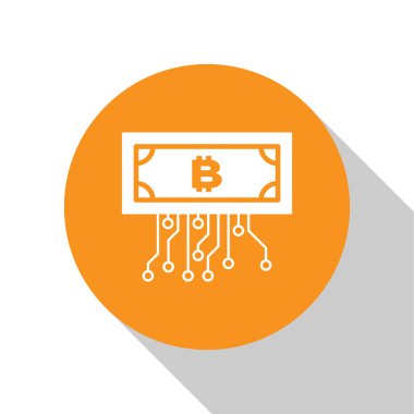 Beyaz arka plan üzerinde mikroçip devre simgesi ile daire içinde Beyaz Cryptocurrency kavramı bitcoin. Blockchain teknolojisi, dijital para piyasası. Turuncu daire düğmesi. Düz tasarım. Vektör İllüstrasyonu