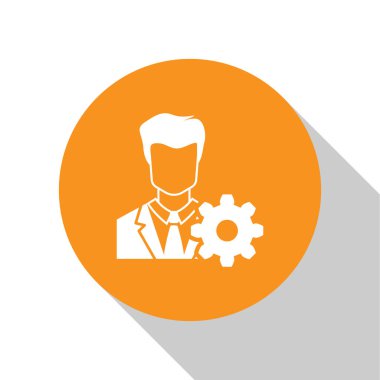 Beyaz arka planda Beyaz Profil ayarları simgesi. Kullanıcı ayarı simgesi. Cogwheel işareti ile Profil Avatar. Hesap simgesi. Erkek silueti. Turuncu daire düğmesi. Düz tasarım. Vektör İllüstrasyonu
