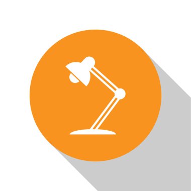 Beyaz masa lambası simgesi beyaz arka planda yalıtılmış. Masa ofis lambası. Turuncu daire düğmesi. Düz tasarım. Vektör İllüstrasyonu