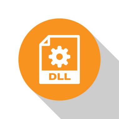 Beyaz Dll dosya belge simgesi. Beyaz arka planda yalıtılmış dll düğmesi simgesini indirin. Dll dosya sembolü. Turuncu daire düğmesi. Vektör İllüstrasyonu