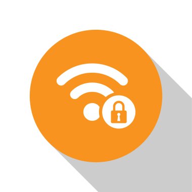 Beyaz Wifi kilitli işaret simgesi beyaz arka plan üzerinde izole. Şifre Wi-fi simgesi. Kablosuz Ağ simgesi. Wifi bölgesi. Turuncu daire düğmesi. Vektör İllüstrasyonu